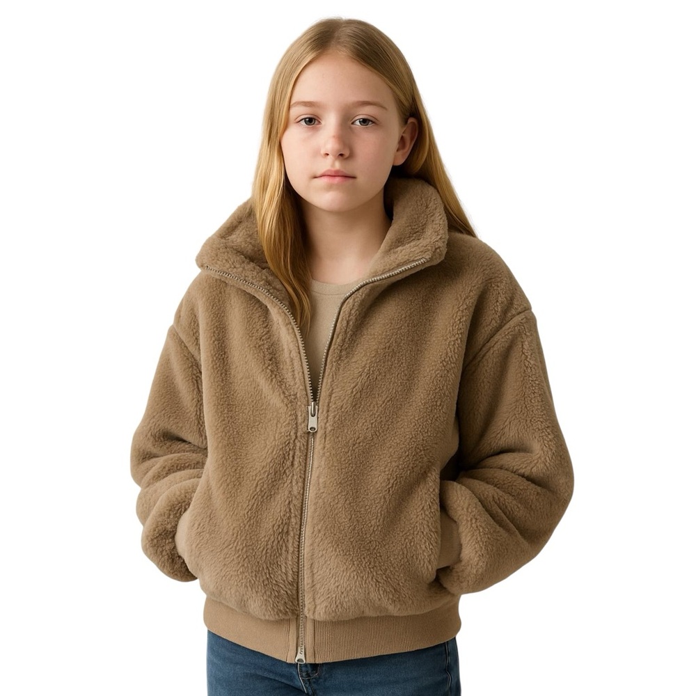 ZARA Teddy Bomber Jacket Faux Fur Taupe 13-14 (Women’s XS-S) Cozy Winter Layer
